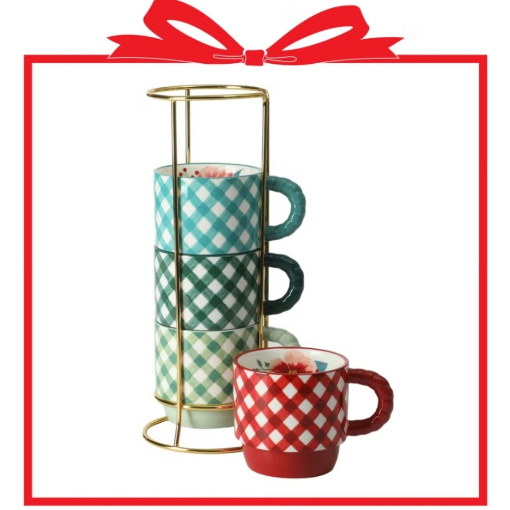 🎄 New Pioneer Woman Merry Meadow Gingham 5-Piece Stacking Mugs with Rack